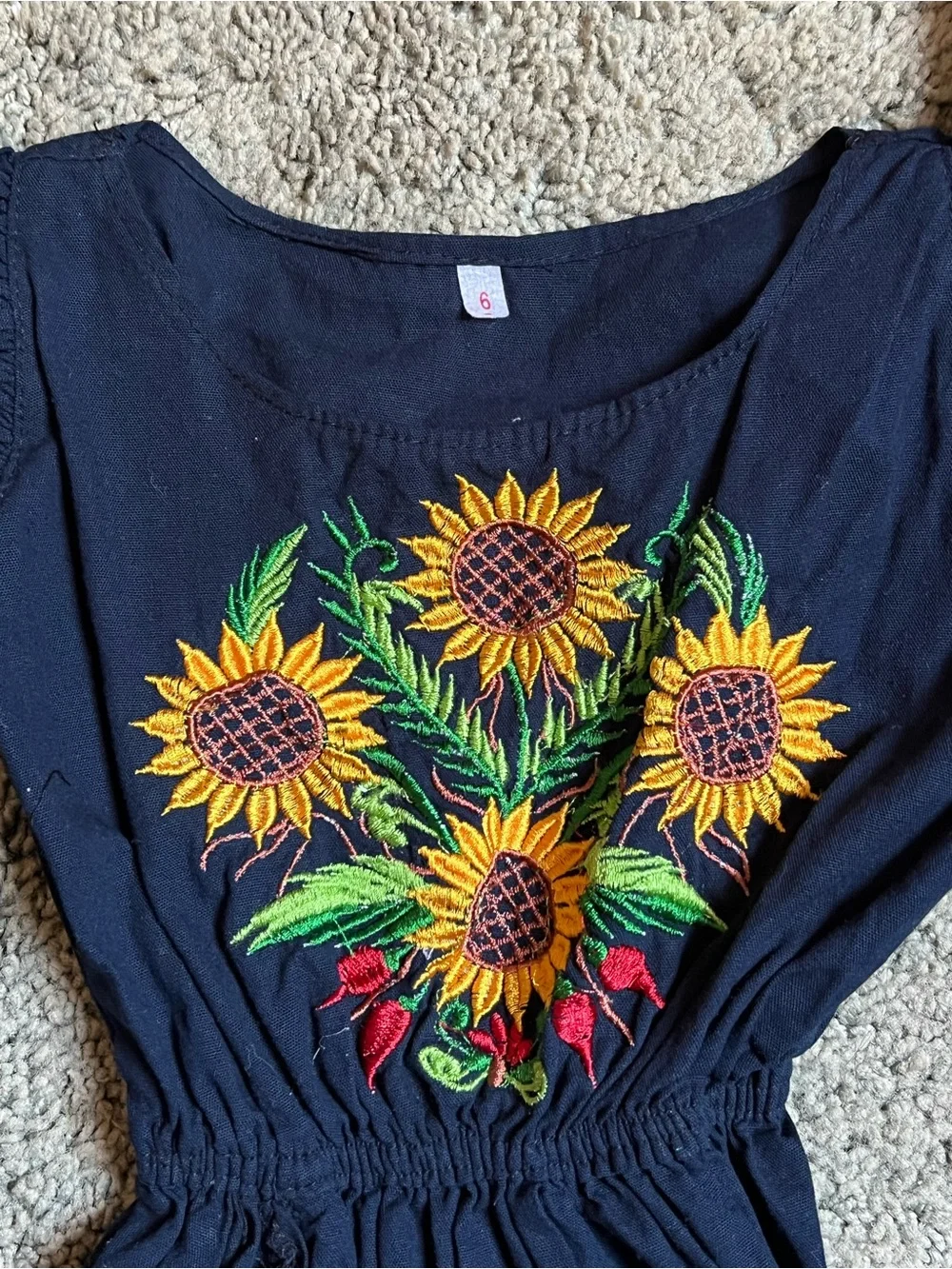 Artisan Mexican handmade navy blue dress sunflower embroidery Sz 6T